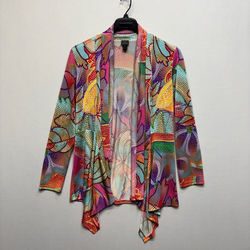 Clara Sun Woo Cardigan Knit Sweater Top Size XL X-Large Floral Colorful D070 -3